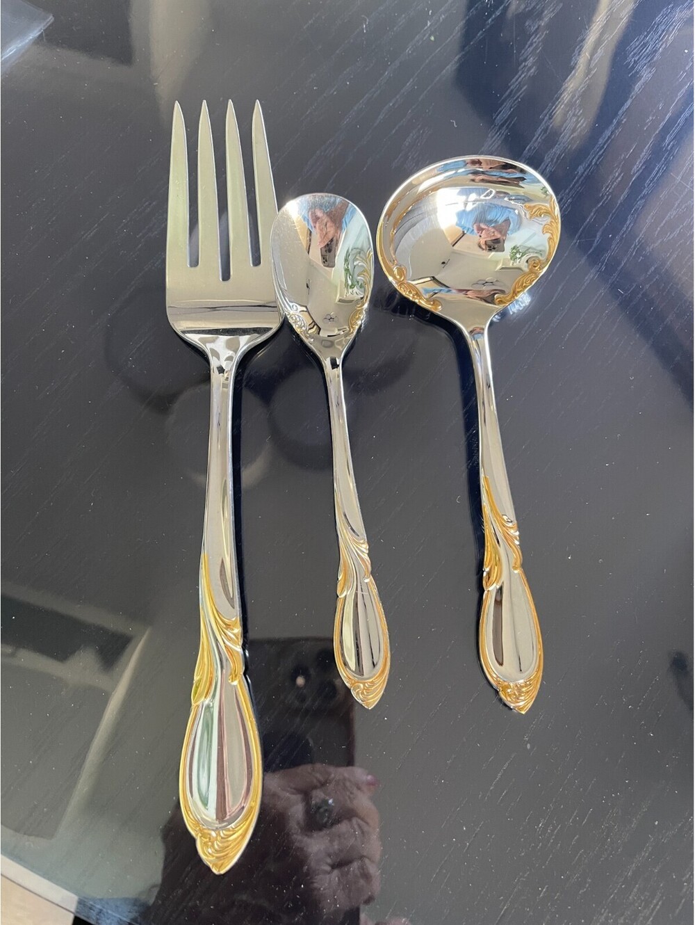 New Yamazaki Japan Cache Gold Accent  Stainless Flatware  3pc  HOSTESS SET